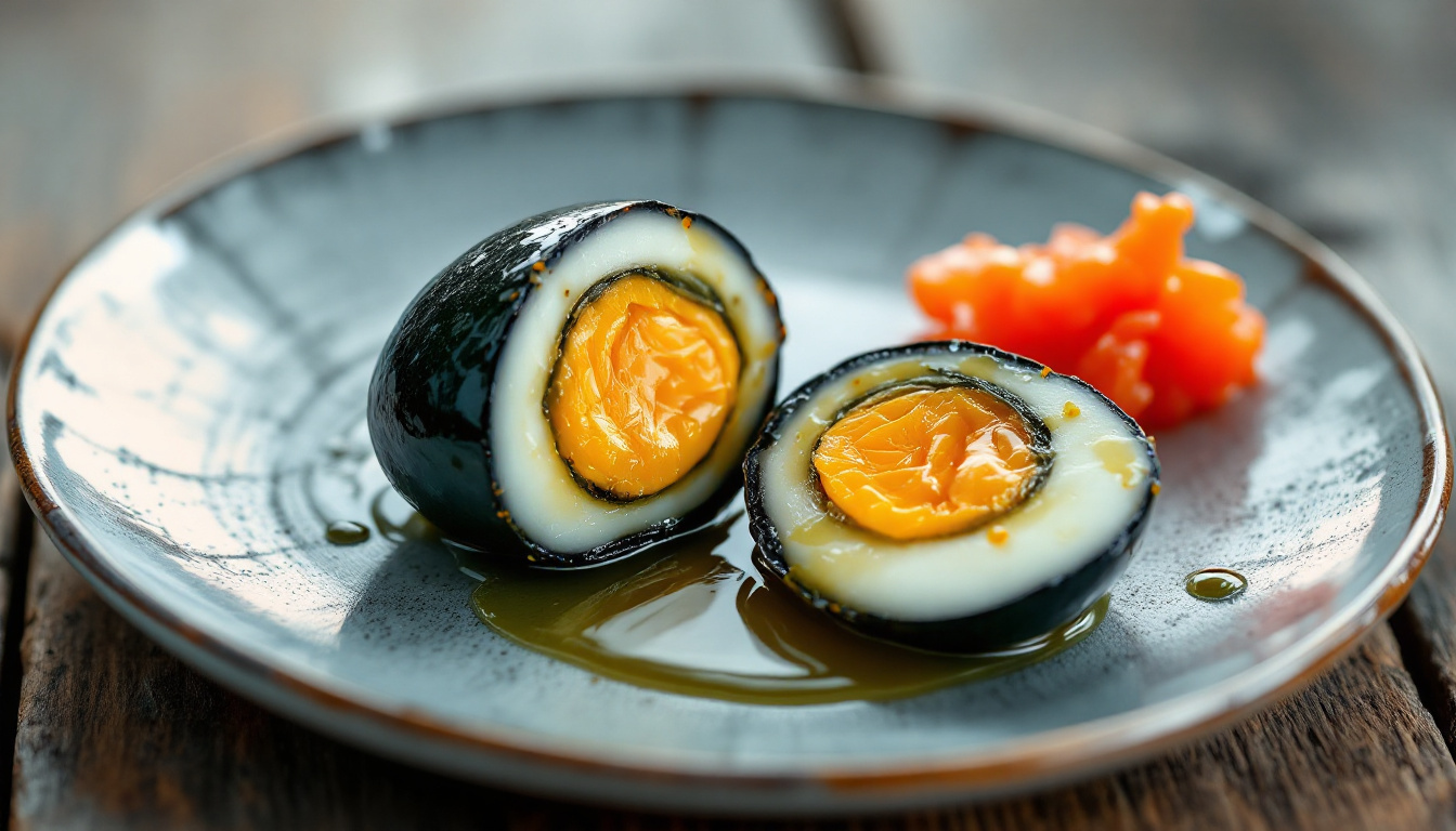 Sliced Chinese century egg with dark translucent white and green yolk
