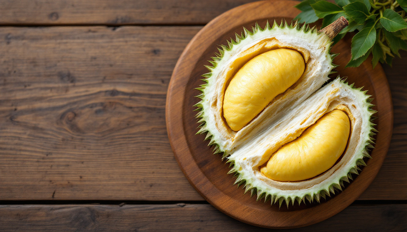Opened durian fruit showing creamy yellow flesh