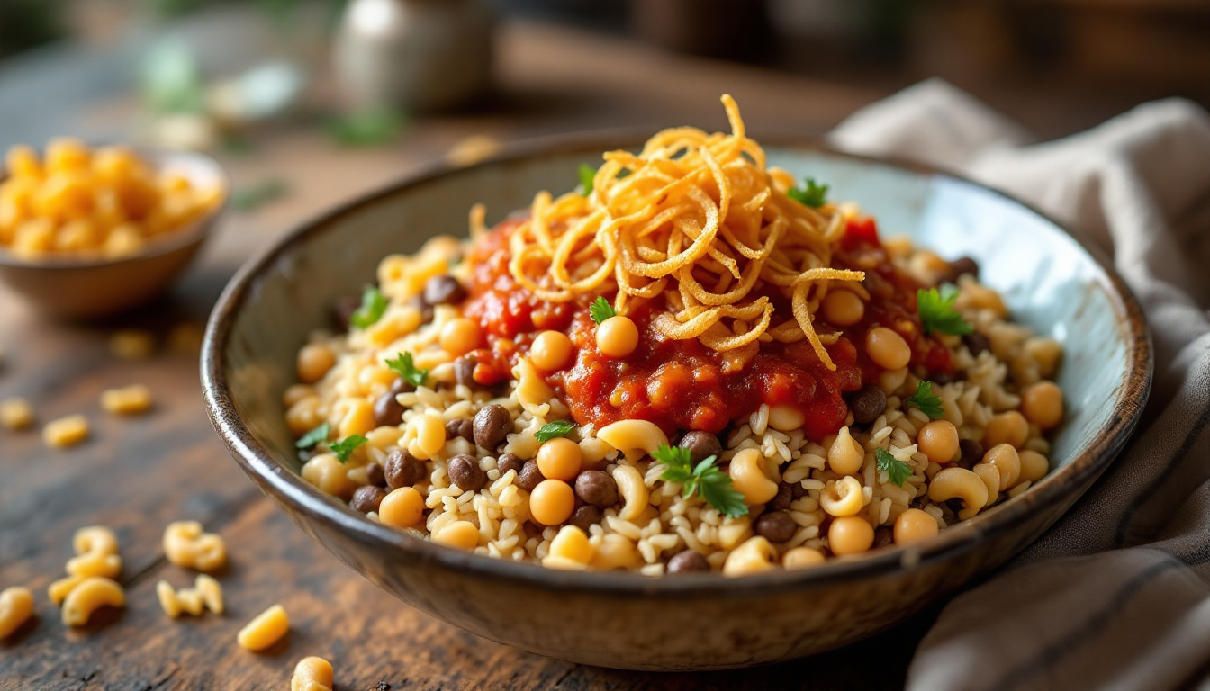 A bowl of Egyptian koshari with rice, lentils, macaroni, chickpeas, tomato sauce and fried onions