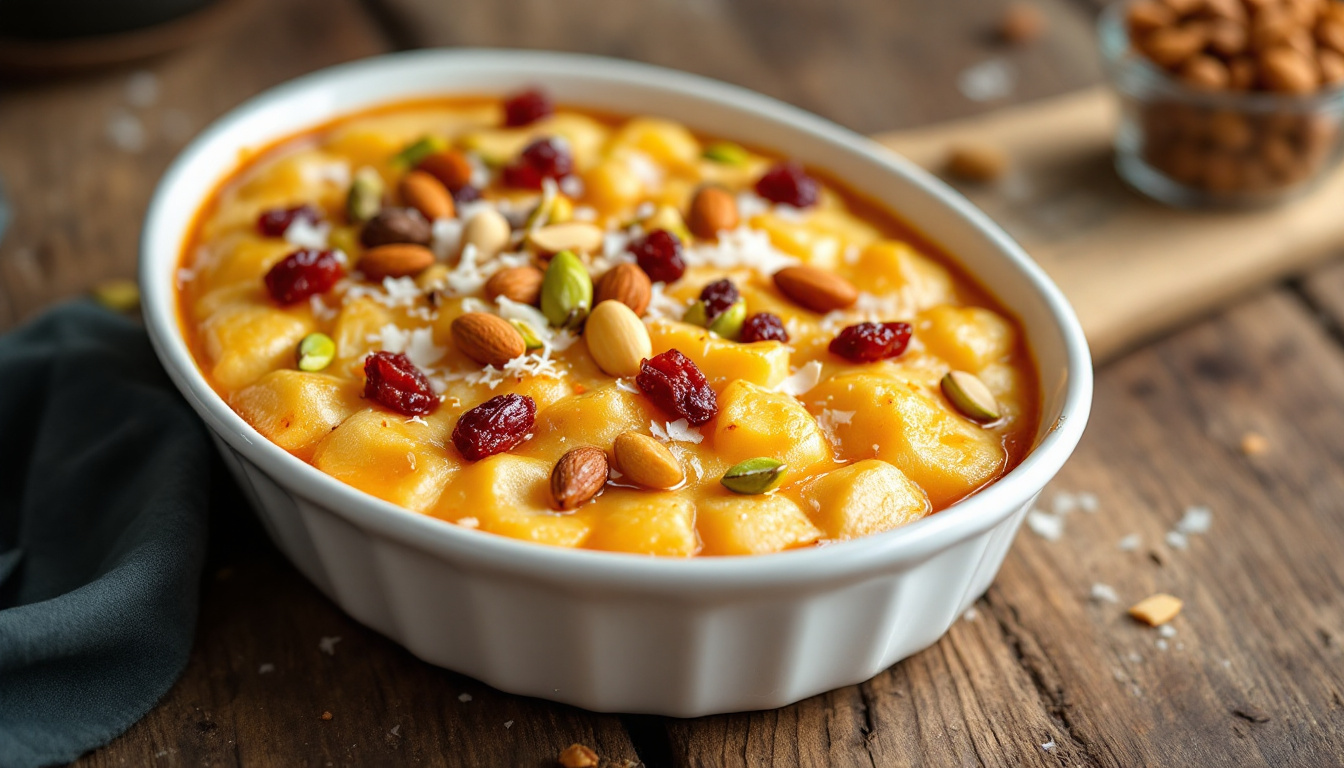 Egyptian om ali bread-and-milk pudding baked golden with nuts, raisins and coconut