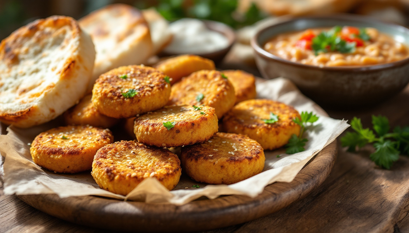 Egyptian taameya falafel discs coated in sesame seeds with ful medames and baladi bread