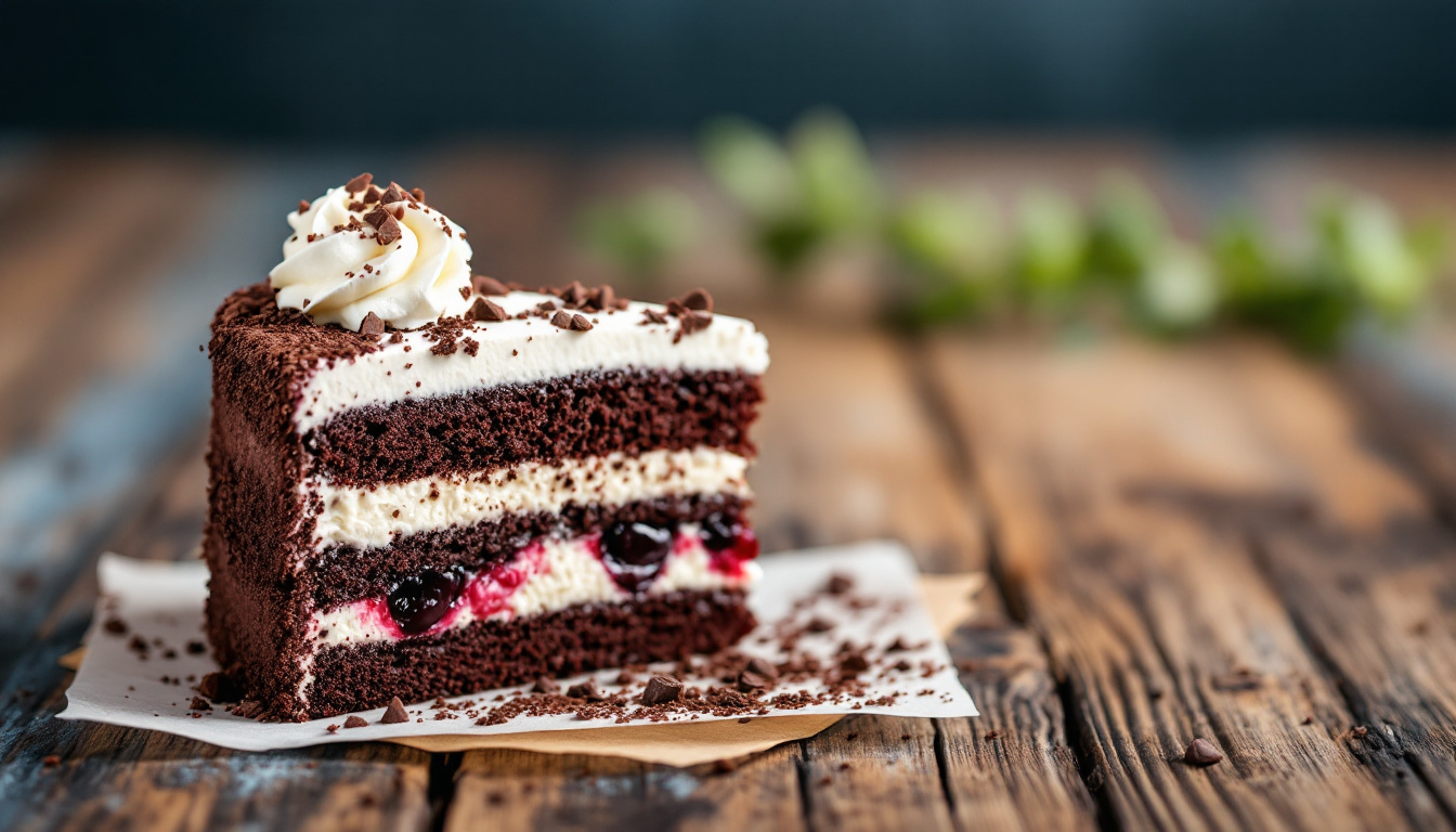 A slice of Black Forest gateau with chocolate sponge, cream, cherries and chocolate shavings