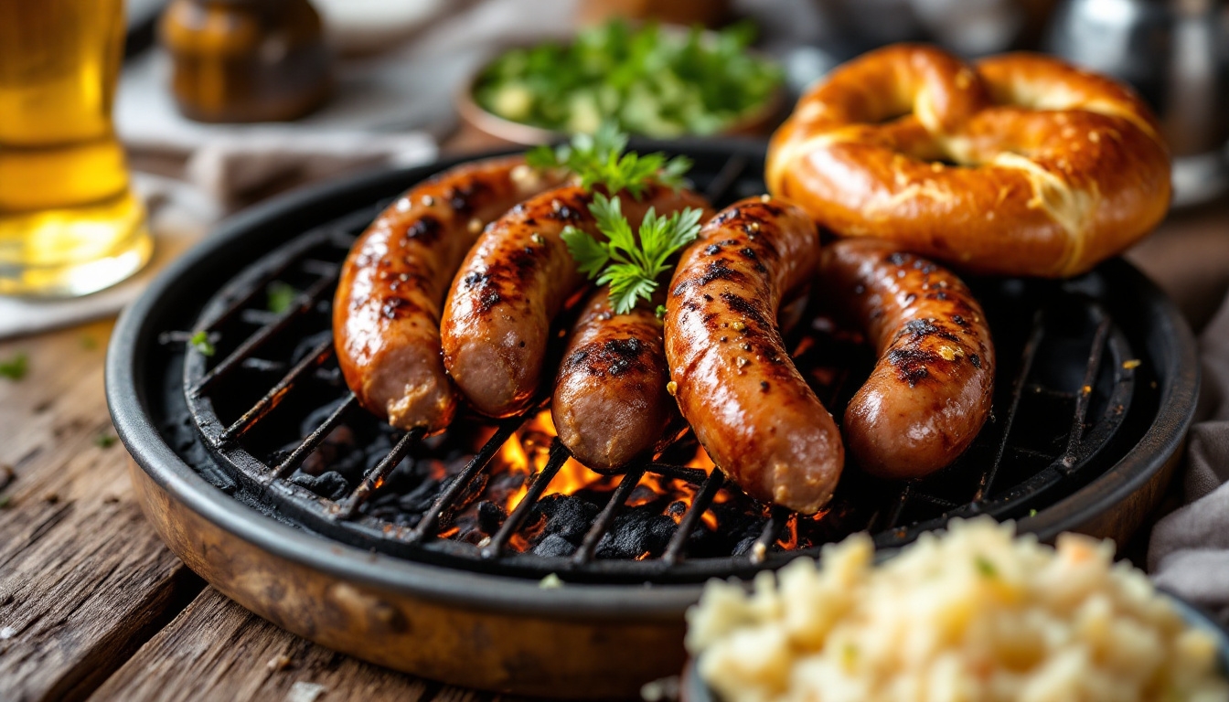 German bratwurst sausages on a grill with a pretzel, mustard and sauerkraut