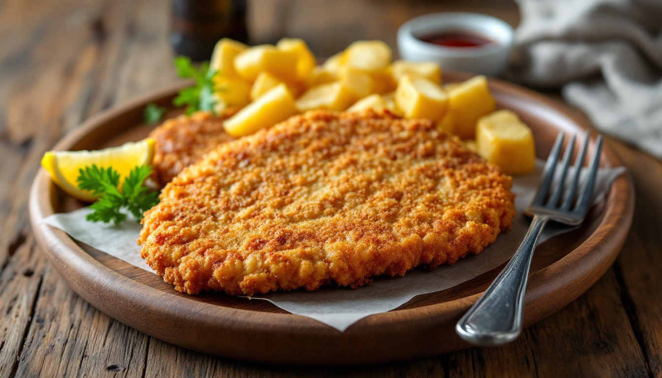 German schnitzel, a golden breaded pork cutlet with fried potatoes and a lemon wedge