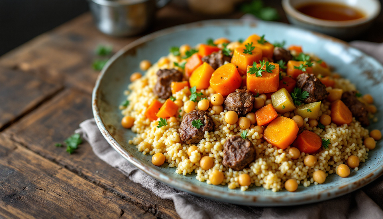 Moroccan couscous mounded with seven vegetables, chickpeas and lamb on a large platter