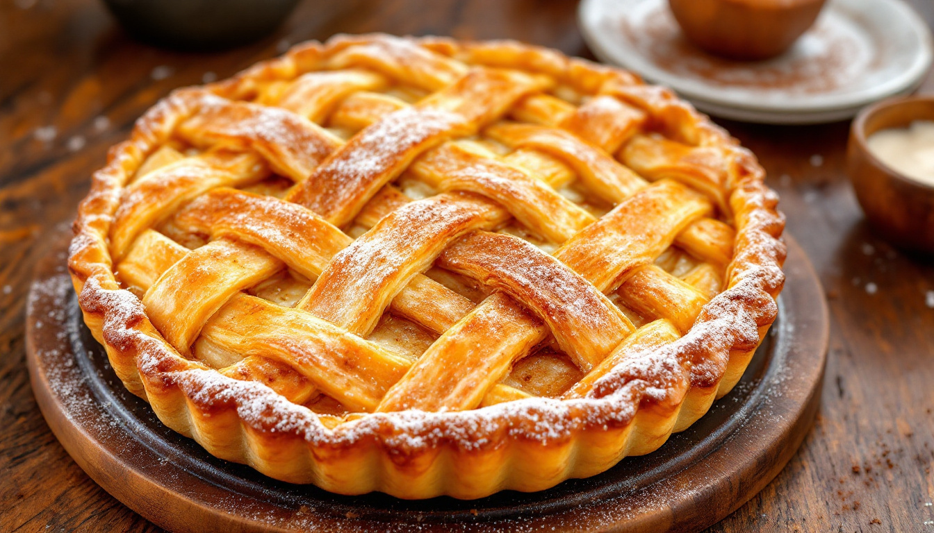 Moroccan pastilla pie with crisp warqa pastry dusted with powdered sugar and cinnamon