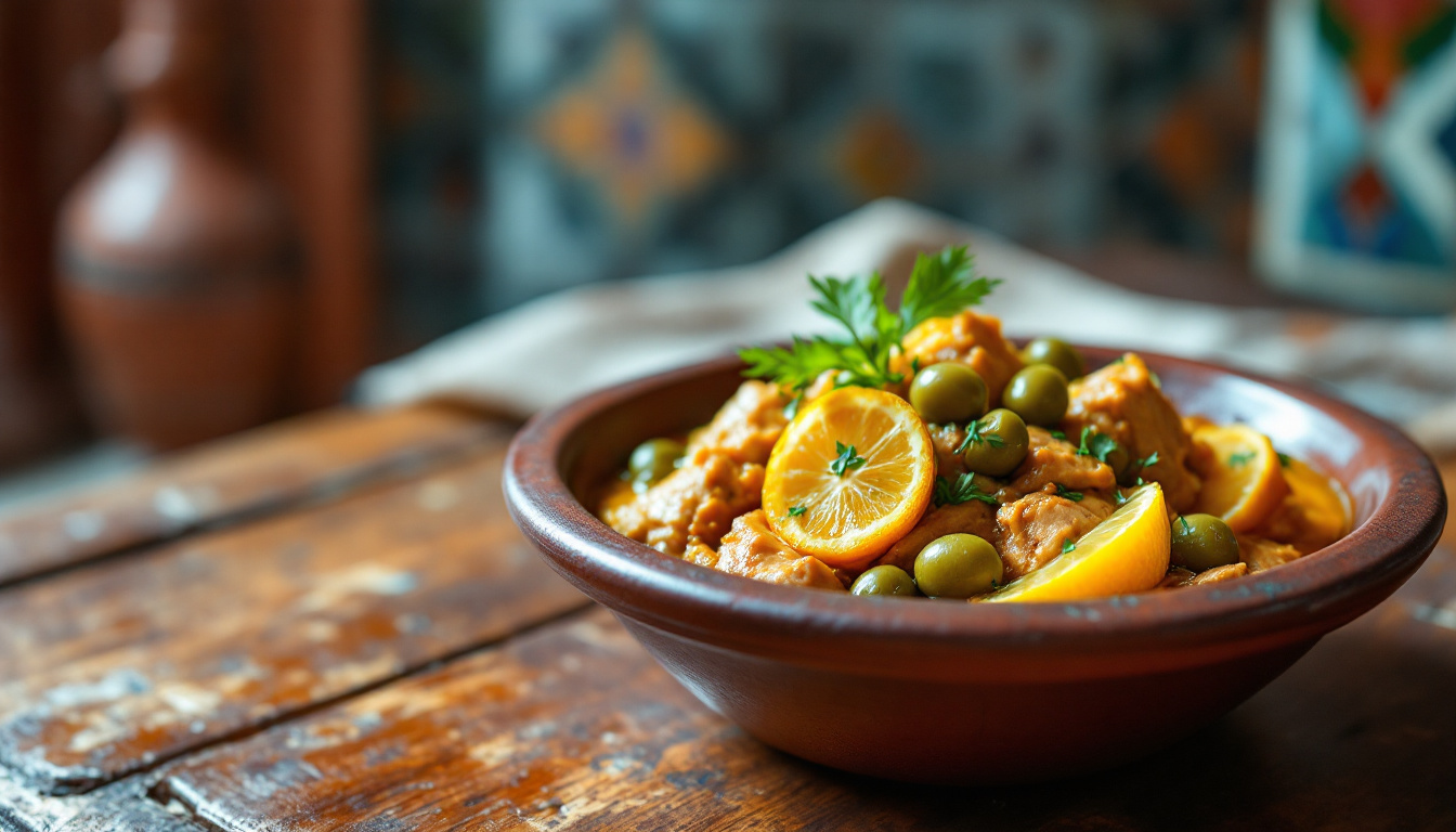 Moroccan chicken tagine with preserved lemon, green olives and herbs in a conical clay pot