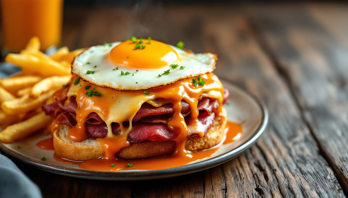 Porto francesinha sandwich layered with meats and cheese, drowned in sauce with a fried egg and fries