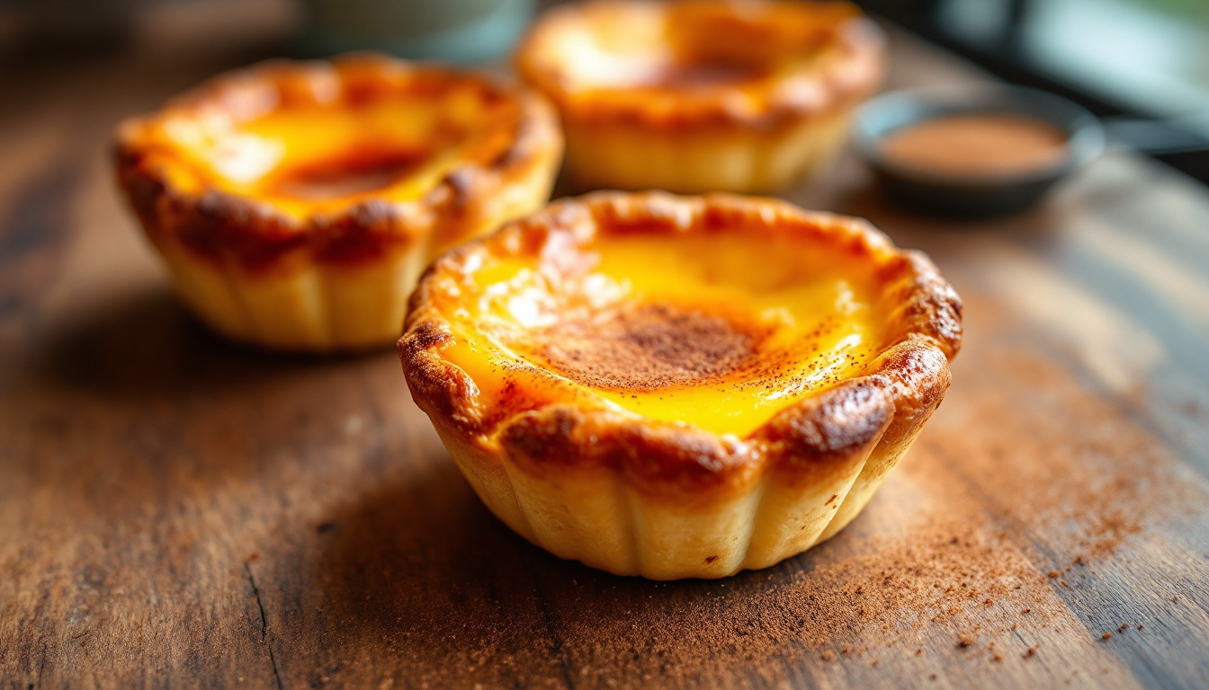 Portuguese pasteis de nata custard tarts with caramelized tops dusted with cinnamon