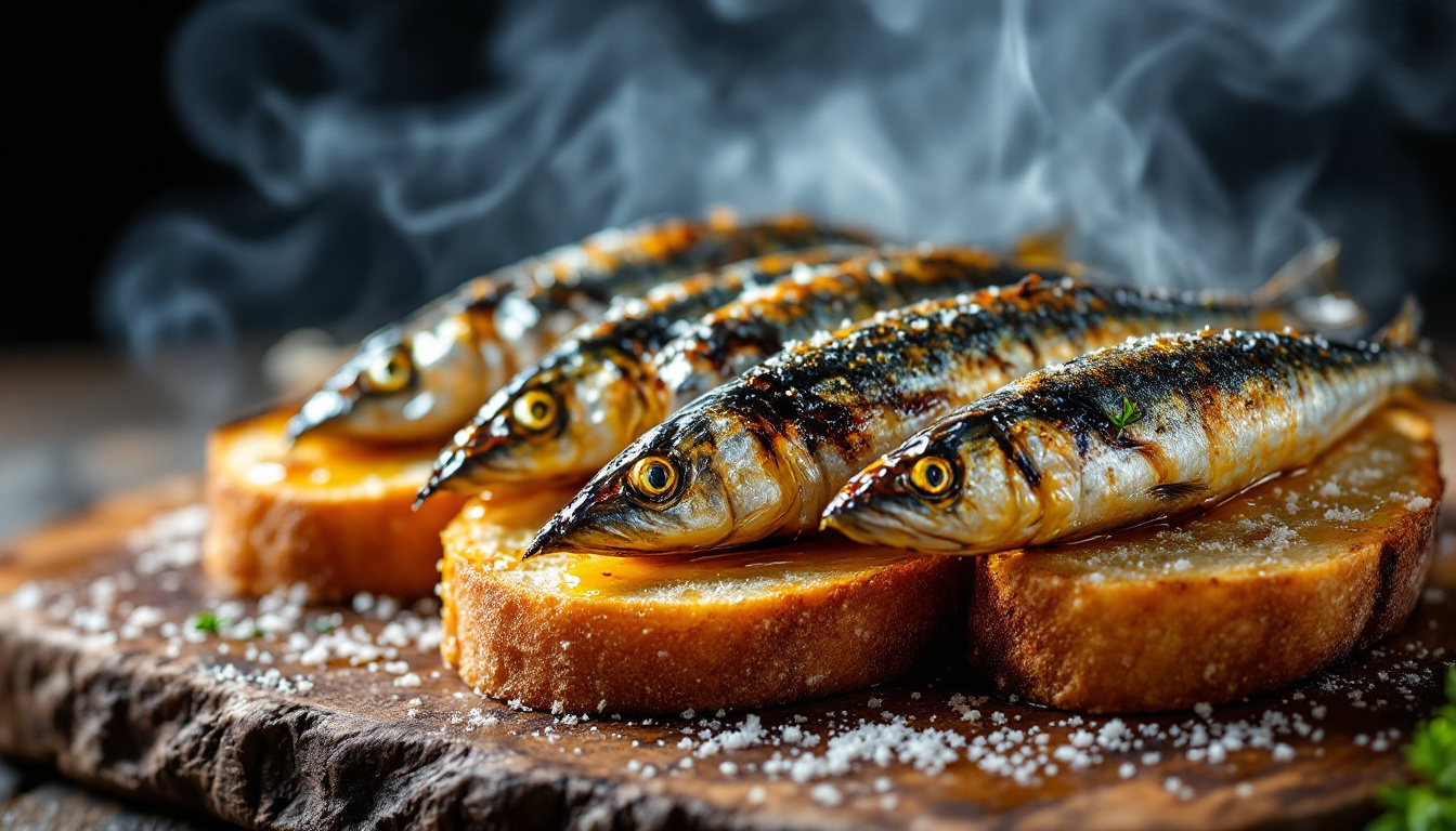 Charcoal-grilled Portuguese sardines on slices of bread with coarse salt