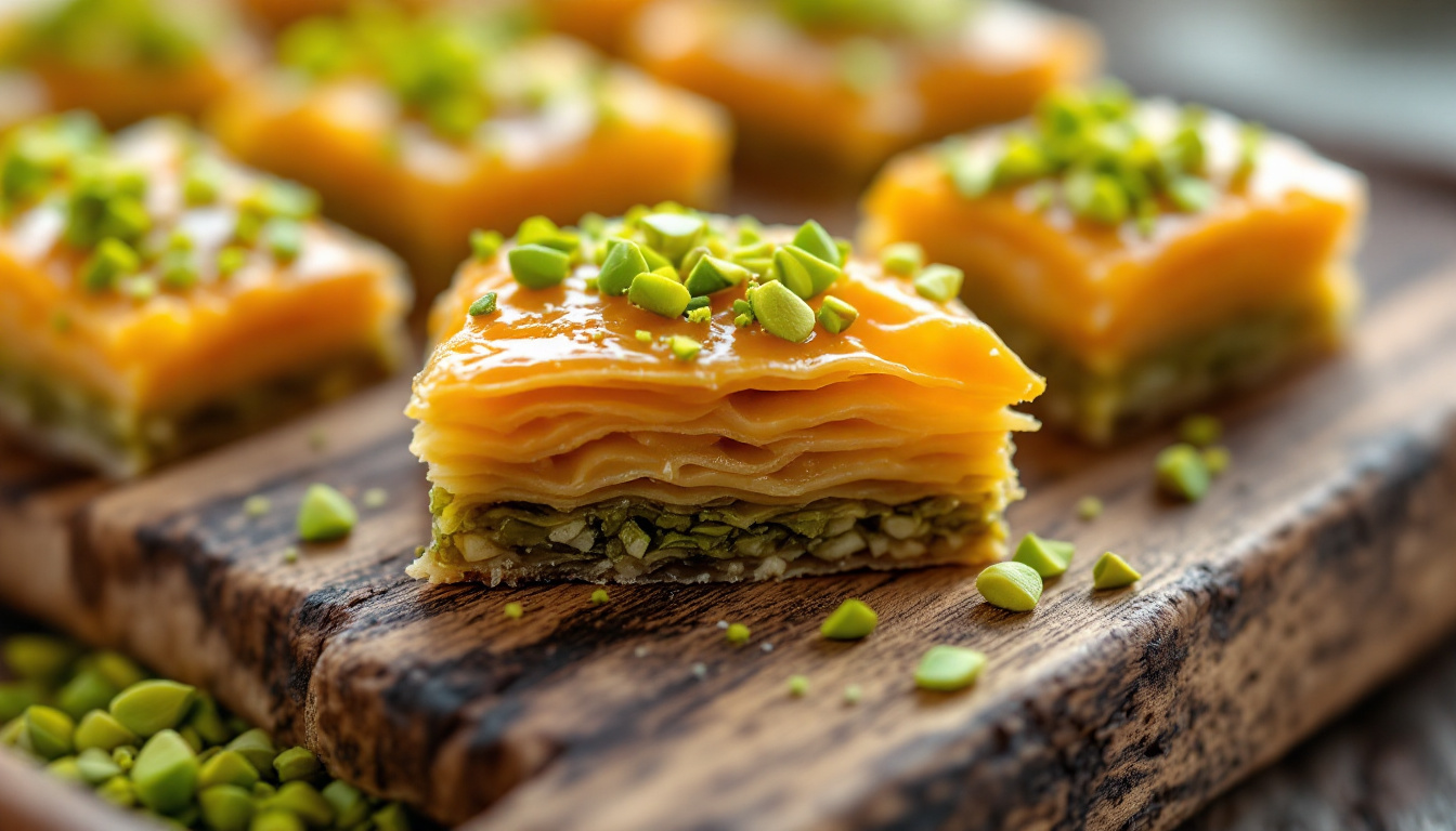 Turkish pistachio baklava pieces with green pistachio and golden filo, dusted with crushed pistachio