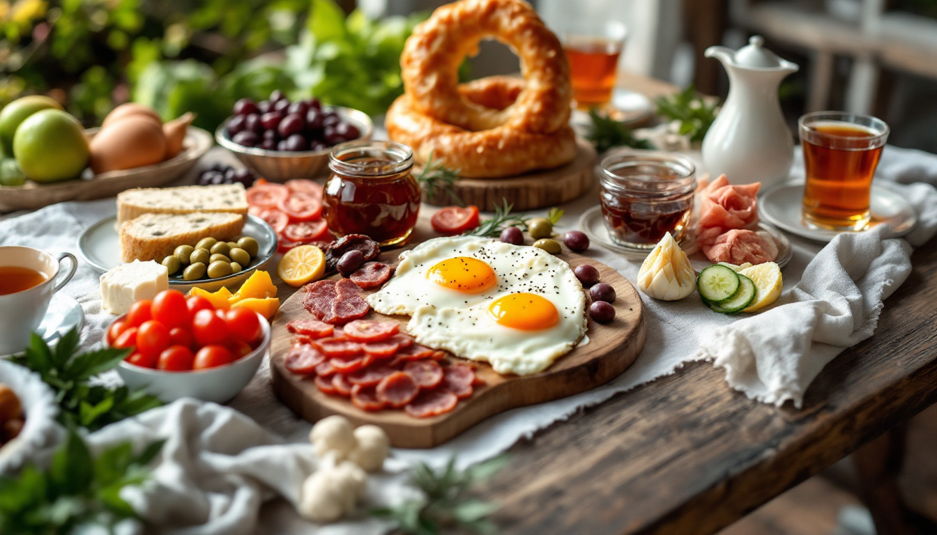 A Turkish breakfast spread (kahvalti) with cheeses, olives, tomatoes, eggs, honey, jams and tea