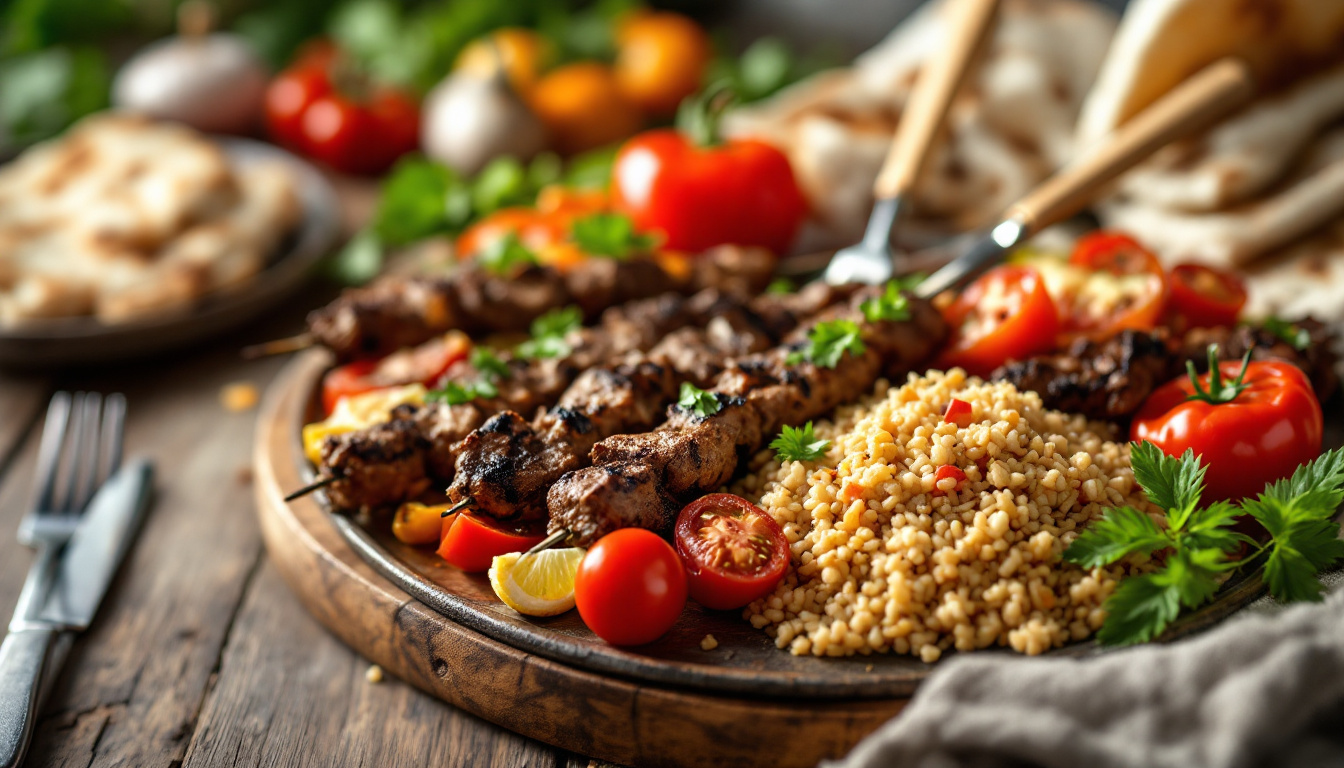 Turkish mixed grill platter with adana kebab, lamb skewers, grilled peppers and flatbread