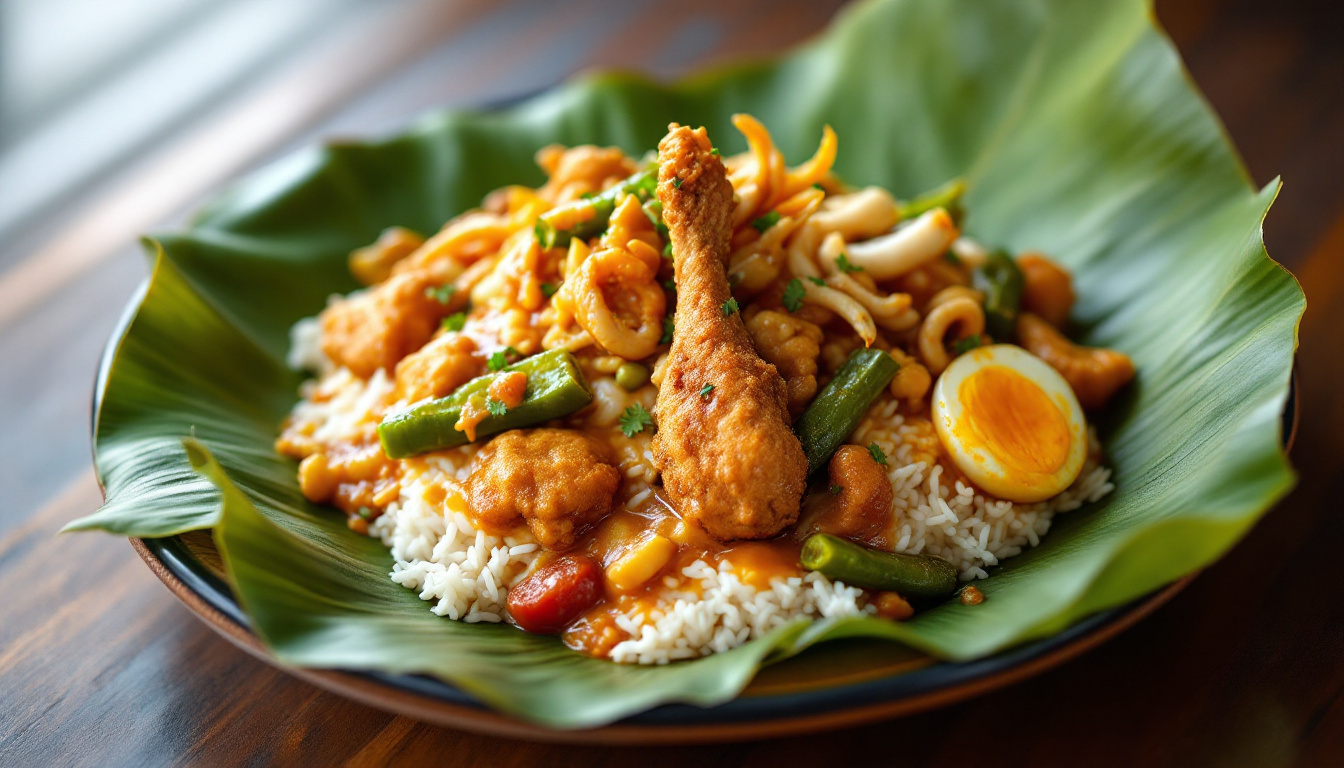 Penang nasi kandar: steamed rice flooded with mixed curry gravies, fried chicken, squid, okra and egg on a banana leaf