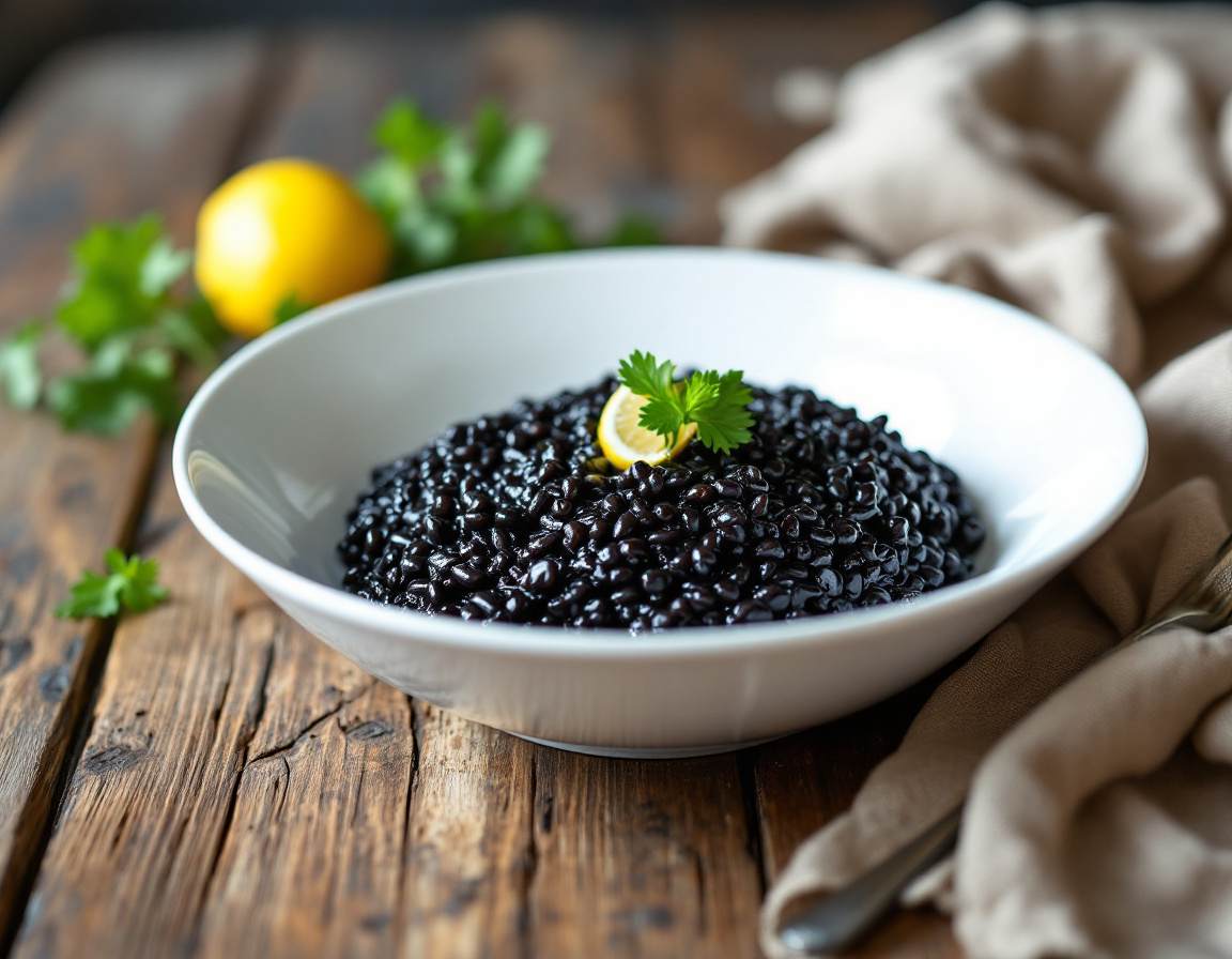 Crni rizot, Croatian black cuttlefish-ink risotto in a white bowl with parsley