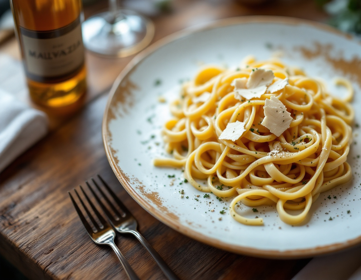 Istrian fuzi pasta with shaved white truffle and a glass of Malvazija wine