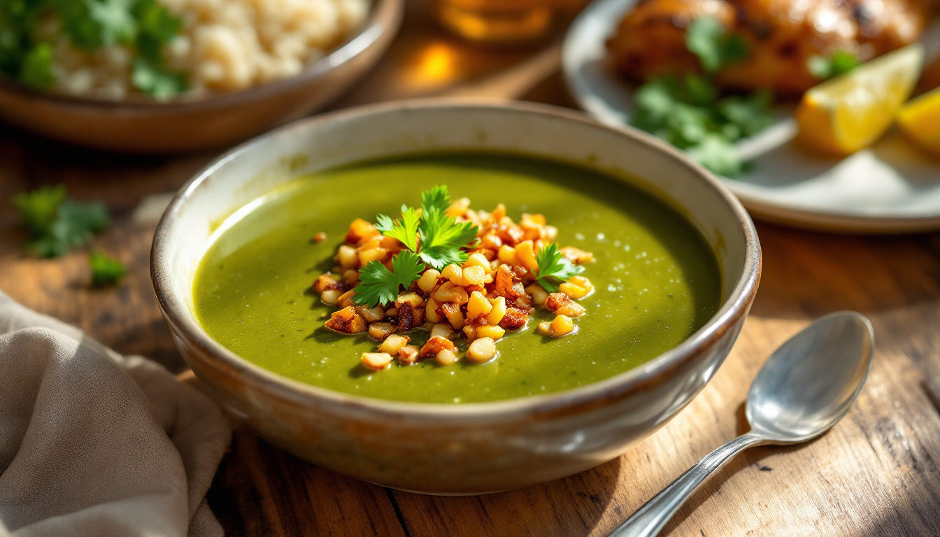 Egyptian molokhia, a green jute-leaf soup topped with fried garlic and coriander, served with rice and chicken